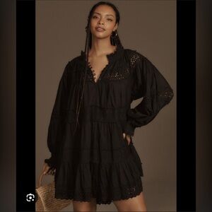 Maeve Long-Sleeve Black Lace Mini Dress - Anthropologie